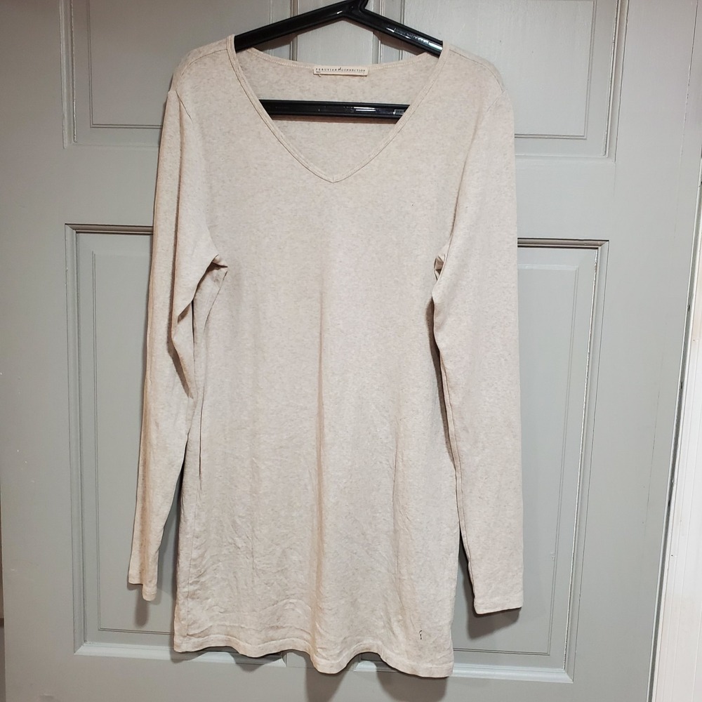 Peruvian Connection Women's Dress Large Beige V-neck Long Sleeve Tunic‎ Casual